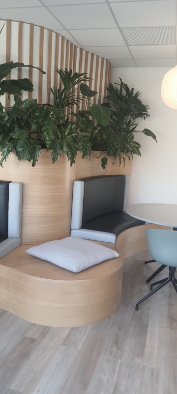 création d'un work café à Marseille avec baquettes et habillages en bois.