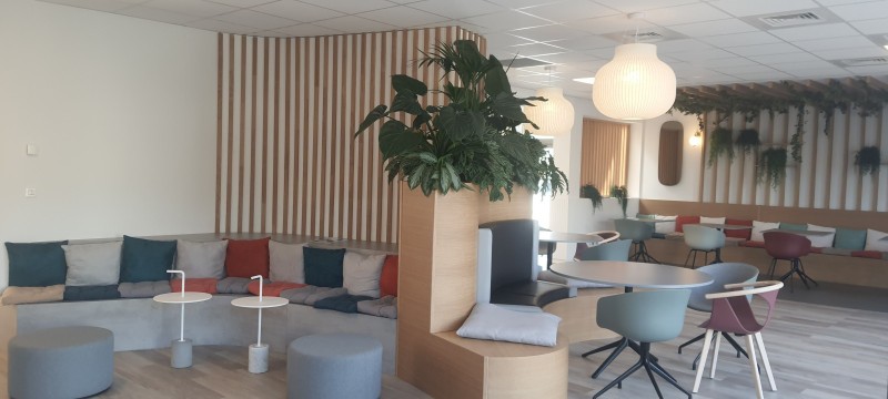création d'un work café à Marseille avec baquettes et habillages en bois.