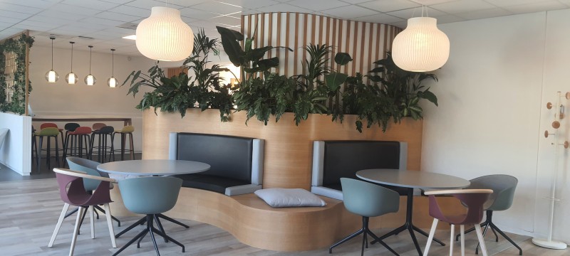 création d'un work café à Marseille avec baquettes et habillages en bois.