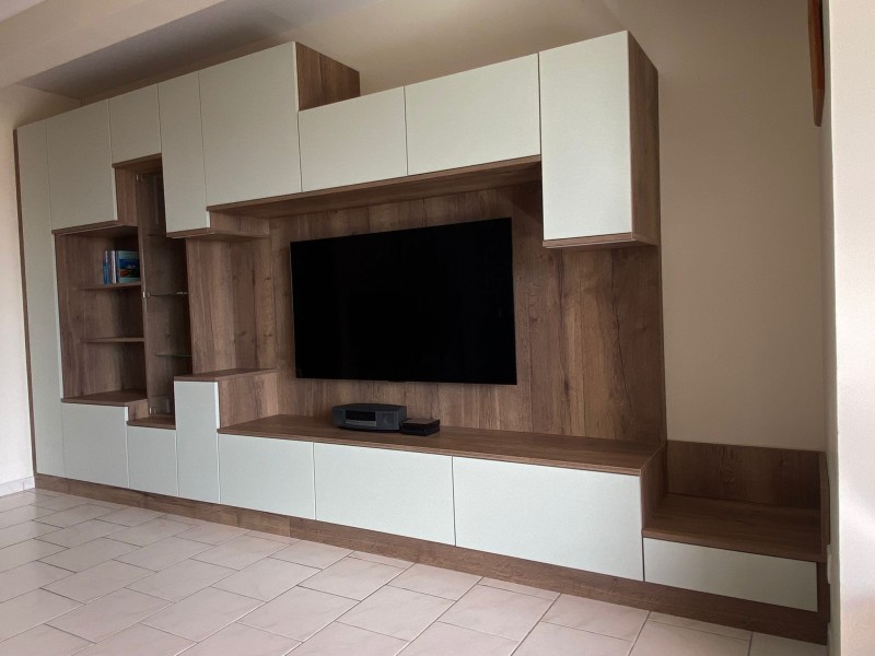 Meuble TV/Bilbiotheque vert fjord et chene fonce